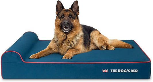The Dog’s Bed Orthopedic Headrest Dog Bed XL Blue Oxford with Red Trim UK Flag Dog Bed, Memory Foam, Hip & Elbow Dysplasia, Post Surgery, Waterproof Washable Cover