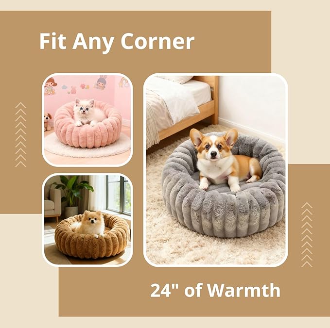 Dog Bed 24 Inch Round, Fluffy Cat Bed with Plush Comfort, Cozy Puppy Bed with Anti-Slip Bottom for Indoor Pets, Gray, Pink, Brown (Pink)