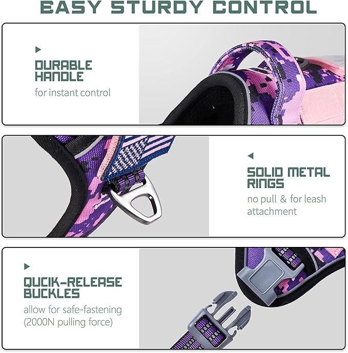 BUMBIN Tactical Pet Walking Harness with Handle for Medium Dogs, Adjustable, Famous TIK Tok Fit Smart Reflective No Pull Vest for Training, Purple M