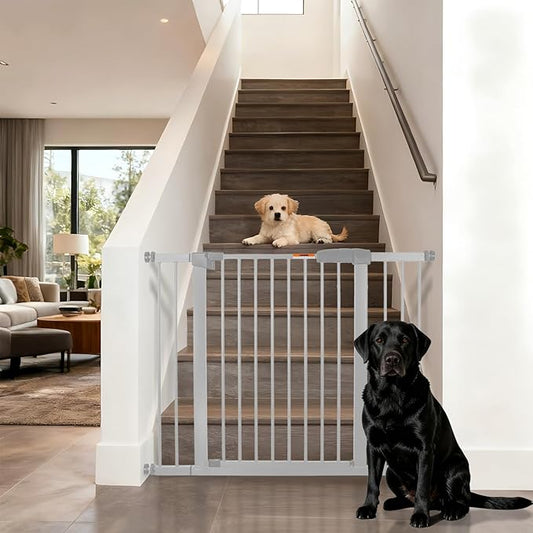 29-46" Dog Gates for Doorways No Drilling, Pet Gate Indoor, 30" Tall Metal Walk-Thru Gate, Easy One-Hand Open, Extensions & Wall Mounts Included (White, 46" W x 30.5“H)