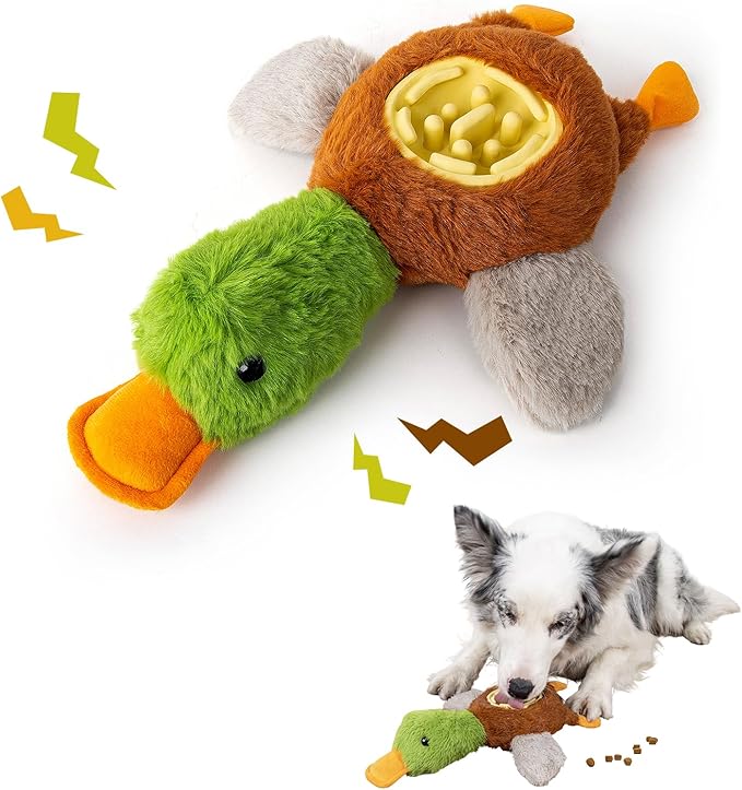 Hollypet Squeaky Plush Stuffed Dog Puzzle Toy with Slow Feeder Bowl, Interactive Chew Toy for Small and Medium Dogs, Wild Duck