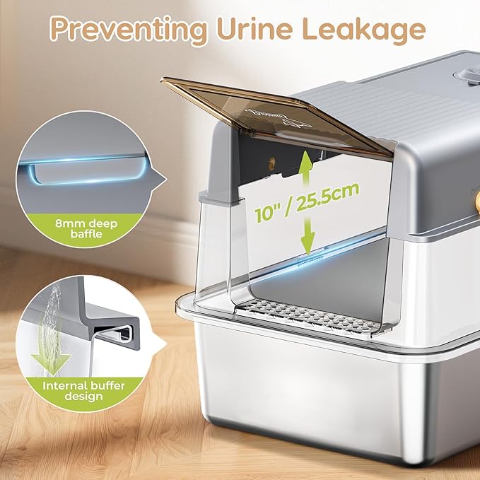 L7 Pro-Stainless Steel Litter Box with Lid, XXL Extra Large Enclosed Metal Cat Box for Kitty&Big Cats, Odor Control - Cat Litter Deodorizer, High Sided Enclosure with Scoop & Mat, Anti-Leakage-Grey