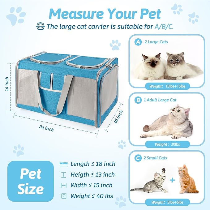 Large Cat Carrier for 2 Cats, 24x 14x 16in Pet Carrier for Cat and Dog Up to 40lbs, All-Sided Mesh Large Cat Carrier with Great Ventilation, Portable Soft Sided Pet Carrier for Traveling