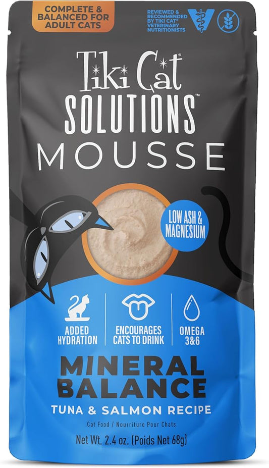 Tiki Cat Solutions Mineral Balance Mousse, Supports Urinary Health, Tuna & Salmon Recipe, 2.4 oz. Pouch (12 Pack)