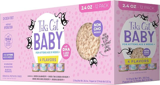 Tiki Cat Baby, Shreds Variety Pack, High-Protein and Flavorful, Wet Cat Food for Kittens 8 Weeks Plus, 2.4 oz. Cans (Pack of 12)
