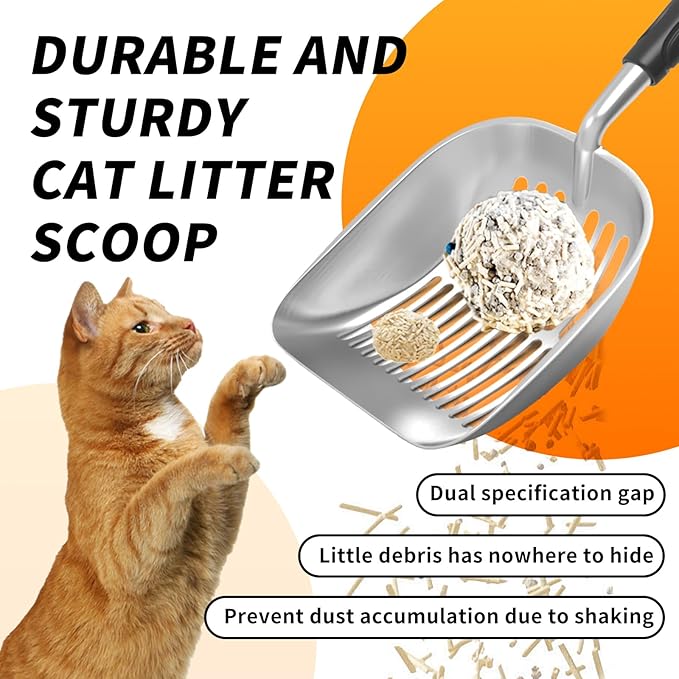 Cat Litter Scoop, Aluminum Alloy Sifter, Kitty Metal Scooper, Deep Shovel, Long Handle, Poop Sifting, Kitten Pooper Lifter, Durable, Heavy Duty, for Litter Box (Big-Black)