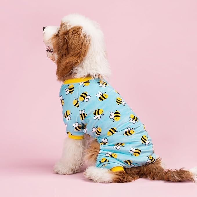 Fitwarm Funny Bee Fleece Dog Pajamas, Warm Winter Dog Clothes for Small Dogs Boy Girl, Cozy Pet Onesie with Feet, Light Blue, XS