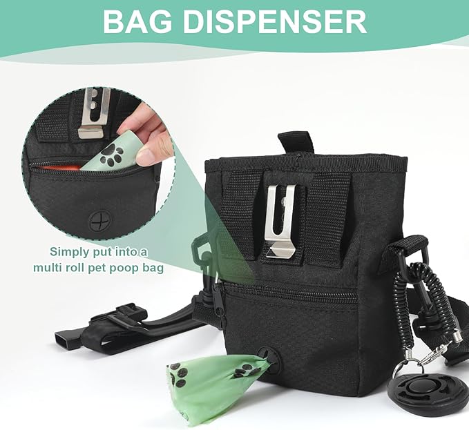 Dog Treat Pouch Magnetic Closure with Training Clicker，Hands-Free Design to Prevent Spills，Built in Poop Bag Dispenser，3 Ways To Wear，Metal Clip Waist Belt and Fanny Pack for Pet Walking（Black）