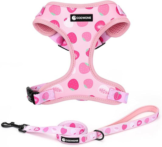 Dog Harness and Leash Set, Adjustable Dog Harness, Dog Leash, No Pull No Choke Puppy Harnesses for Walking Training for Small Medium Pet (Strawberries, M(Chest 15.7-22.1", Neck 12-15"))