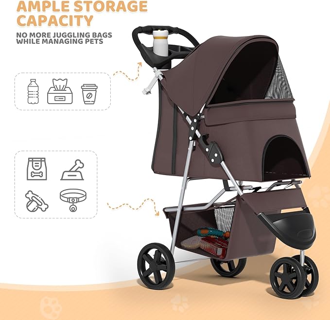 Magshion 3-Wheel Pet Stroller, Foldable Travel Jogger for Small & Medium Dogs & Cats (Up to 33lbs), Lightweight Carrier with Breathable Mesh Cover, Cup Holder & Storage Basket, Coffee