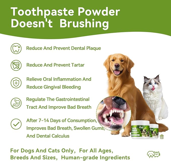 Dog Teeth Cleaning Powder, Dog Denatl Powder,Dog Breath Freshener, Plaque Off Pet Tooth Cleaning for Dogs and Cats，Herbal Blend+5 Probiotics, Bad-Breath Oral Care, All Breeds-180g