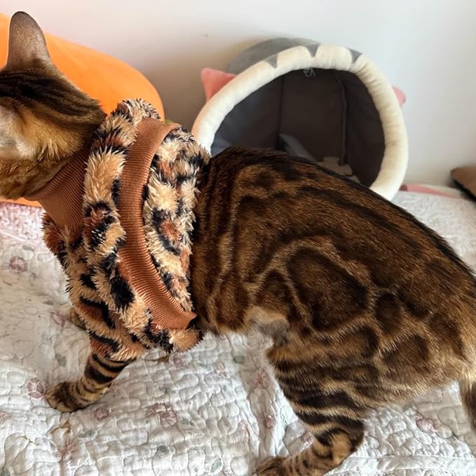 Cat Leopard Double-Sided Fleece Pullover, Soft Warm Clothes for Hairless Sphynx, Devon & All Indoor Kittens in Winter (Leopard,S)