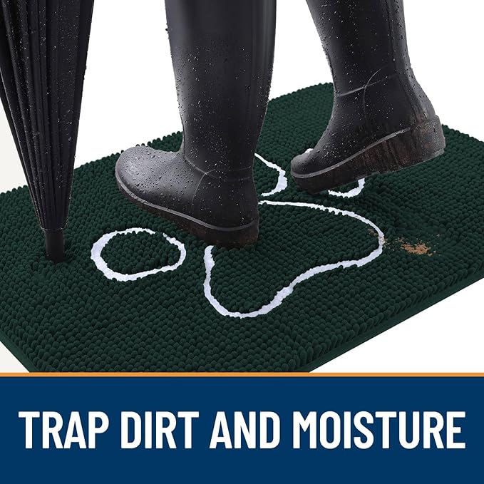 OLANLY Dog Door Mat for Muddy Paws 24x16, Paw Print Design, Absorbs Moisture and Dirt, Absorbent Non-Slip Washable Doormat, Quick Dry Chenille Mud Mat, Entry Indoor Entryway Carpet, Blackish Green