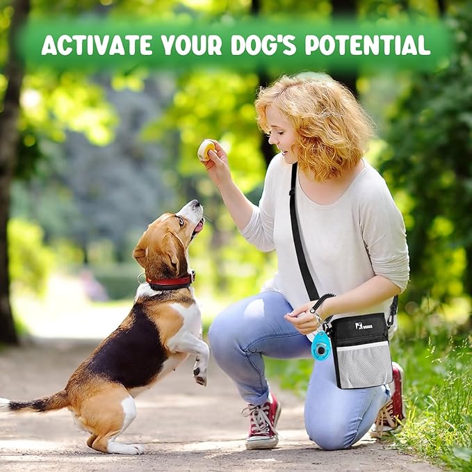 BARKIE Dog Treat Pouch and 2 Pet Training Clickers with Dog Positive Reinforcement Training Booklet (Black)