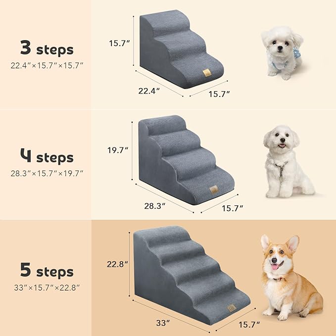 Mestuel Dogs Stairs for High Bed, 23in Foam Dog Stairs Steps for Large Dogs, Large Pet Stairs, 5 Steps Dog Ramp to High Couch Sofa Bed Indoor with Gentle Slope& Nonslip Bottom, Gray