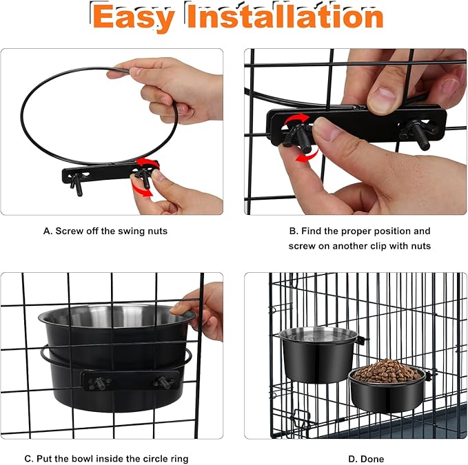 No Spill Water Bowl for Dogs, Sturdy Stainless Steel Dog Dishes 2 Pack with Dog Bowl Holder Hanging on Pet Cage Kennel Crate, Detachable Metal Food/Water Bowl Set for Medium/Large Dogs