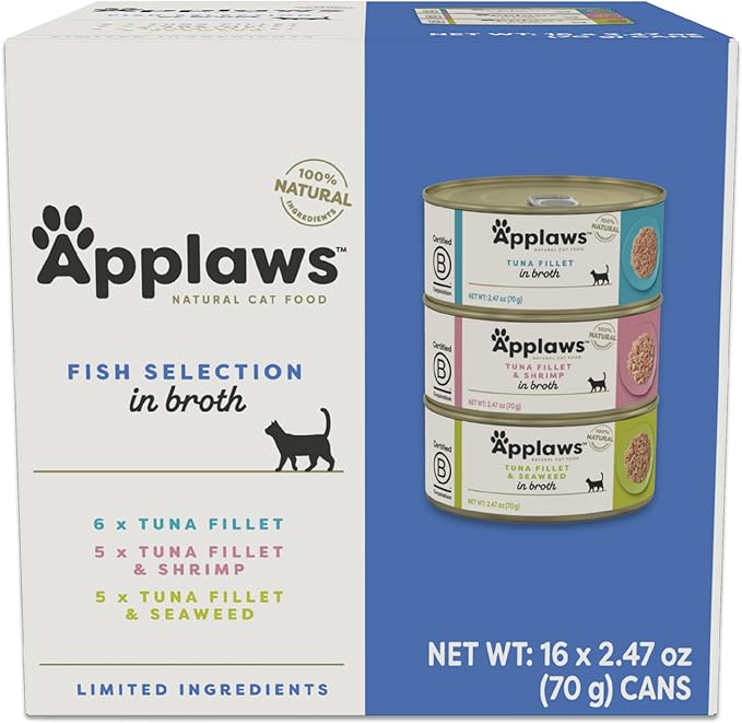 Applaws Natural Wet Canned Cat Food, Made with Limited and Natural Ingredients, Real Protein with No Artificial Additives, Fish Selection Variety Pack in Broth (16 x 2.47oz Cans)
