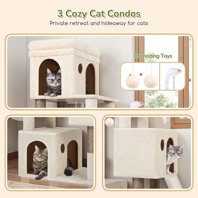 Globlazer Cat Tower for Multiple Indoor Cats, 52 inch Heavy Duty Cat Tree with 3 Condos, Plush Cat Condo with Scratching Posts and Pad for Adult Cats Kitten, Padded Top Perch, Basket Bed, F52B, Beige