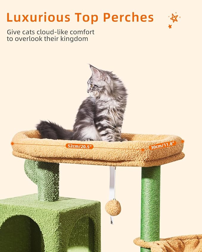Taoqimiao Cat Tree,49-Inch Cat Tower for Indoor Cats,2 Luxurious cat condo with Adjustable Large Hanging Baskets and Large Luxurious Perch Smoky Gray MS029LT Cactus