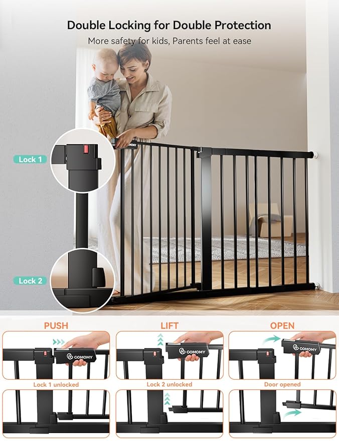 COMOMY 30" Tall Baby Gate for Stairs Doorways, Fits Openings 29.5" to 51.6" Wide, Auto Close Extra Wide Dog Gate for House, Pressure Mounted Easy Walk Through Pet Gate with Door, Black