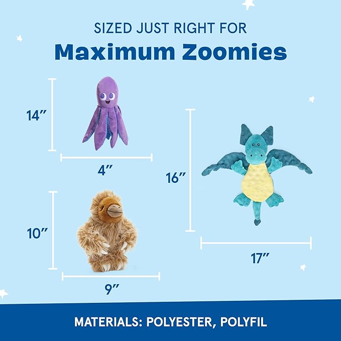 Barkbox Best of BarkBox Bundle – Squeaky Dog Toys – Plush Chew Toys – Puppy and Pet Toys for Medium and Large Dogs – Gordon The Sloth, Dingbert The Dragon, and Ollie The Octopus