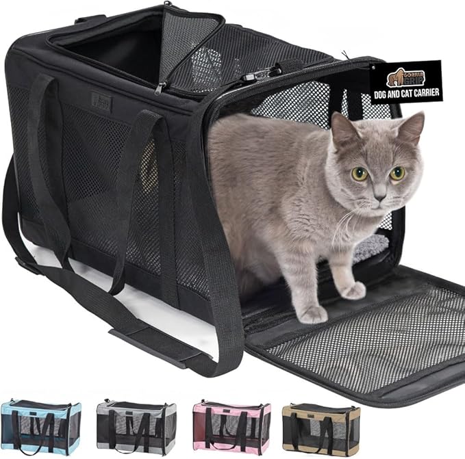 GORILLA GRIP Cat Carrier Travel Bag Up to 15 Lbs, Soft Collapsible Small Dog Carriers, Top and Side Entry Breathable Mesh, Grip Feet on Underside, Cozy Washable Waterproof Pad, Portable Kennel, Black