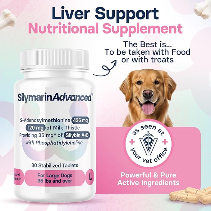 Liver Health Supplement for Large Dogs - Milk Thistle for Dogs Liver Support with S-Adenosylmethionine (Same) & Silybin - 30 Tablets