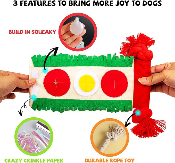 Dog Puzzle Snuffle Mat Toys, Squeaky Enrichment Rope Crinkle Treat Dispensing Tug Toy for Small Medium Large Dog, Boredom and Mental Stimulation Toy, Burrito