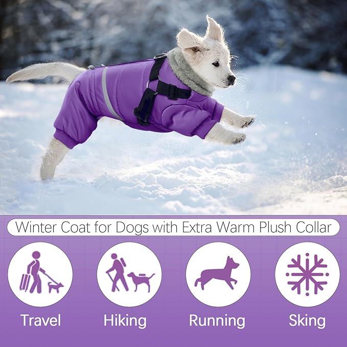 BRKURLEG Purple Dog Coat with Harness, Dog Winter Jacket, Dogs Onesie Body Warm Jackets, Small Dogs Winter Coats Reflective Windproof Warm Cold Weather Coats, Pet Waterproof Jackets, XL