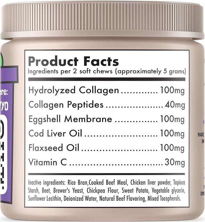 Collagen Dog Chews for Joint & Skin Health 120 Soft Chews All Breeds Mobility, Cartilage Repair & Pain Relief Hip & Joint Skin Coat Anti-inflammatory Support Eggshell Membrane Senior & Adult Dogs