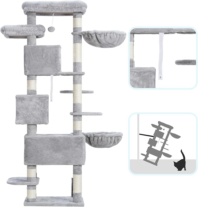 Hey-brother Cat Tree, 74 inches Multi-Level XL Large Cat Tower for Indoor Cats with Three Cat Condos, Two Large Top Decks and Cat Hairbrushfor Kittens, Cats and Pets, Light Gray MPJ035-MW