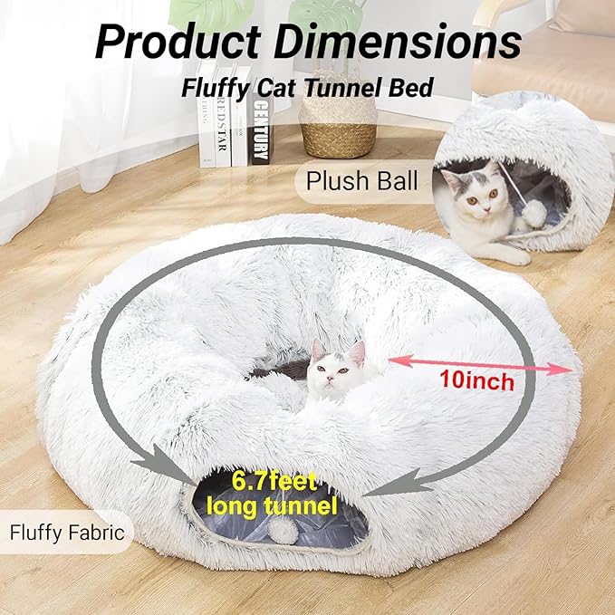 LUCKITTY Warm Fluffy Plush Cat Dog Tunnel Bed Under Christmas Tree Big Tube Playground Toys 3 FT Diameter Longer Crinkle Collapsible 3 Way, for Indoor Cat Kitty Kitten Puppy Rabbit Ferret White