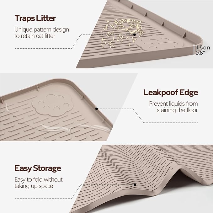 Cat Litter Mat, XXL Extra Large 50" x 35" Silicone Mat Litter Trapping Mat for Scatter Control, Soft on Kitty Paws, Easy to Clean (Khaki)