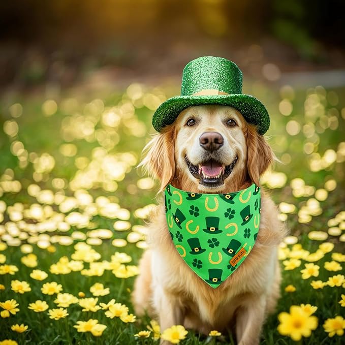 St. Patrick's Day Dog Bandanas with Snap Button, 2 Pack Reversible Shamrock Dog Scarf for Boy & Girl, Premium Durable Fabric, Gift for Dogs, Holiday Bandana for Medium and Large Dogs (Large)