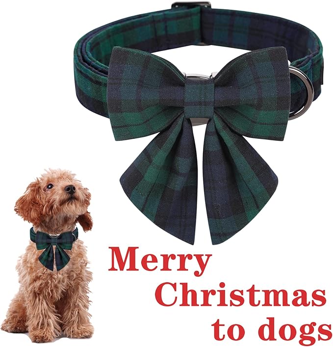 Unique style paws Christmas Dog Collar with Bow Tie Green Plaid Puppy Collar for Small Medium Large Dogs as Autumn Winter Pet Gifts-M
