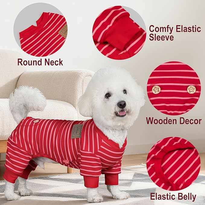 KYEESE Dog Pajamas, Striped Clothes Pet PJS, Velvet Fleece Doggie Jammies, Soft 4 Legs Outfit Dog Pajamas, Cozy Pet Clothes Onesie, Comfortable PJS for Medium Dogs,Red Striped, XX-Large