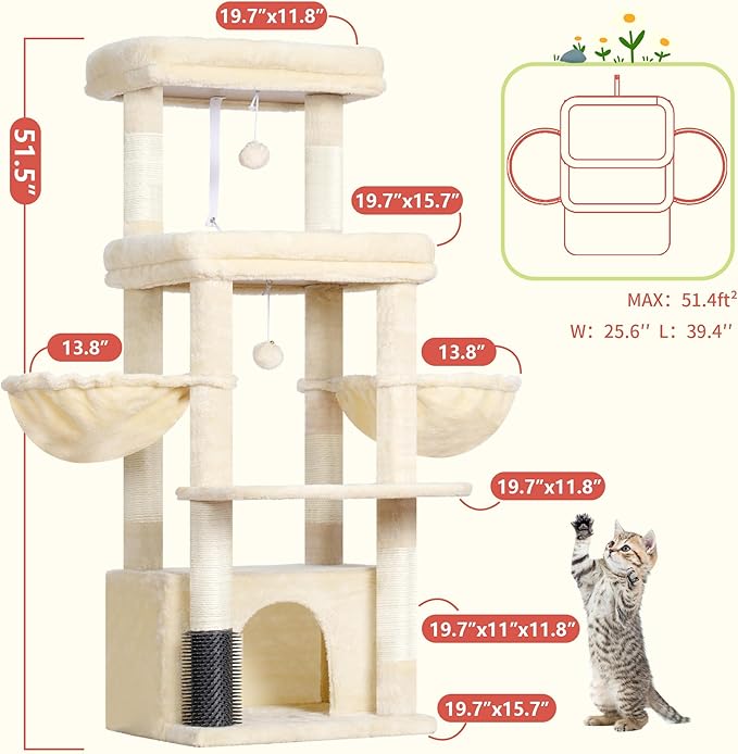 Hey-brother Cat Tree Tower, Scratching Posts with Extra Large Platform, Specious Condo, 2 Cozy Hammocks, Self-Grooming Brush for Indoor Adult Cats, Maine Coon 51.1 inches, Beige MPJ070M