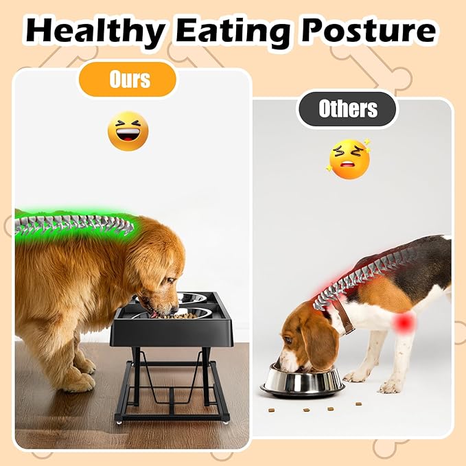 Joytale Elevated Dog Bowls for Large Breeds, Heavy Duty 9 Adjustable Height from 9" to 17.5" Metal Stand Anti-Slip, Non Spill Raised Food & Water Station with 2 Stainless Steel Food Bowls, Black