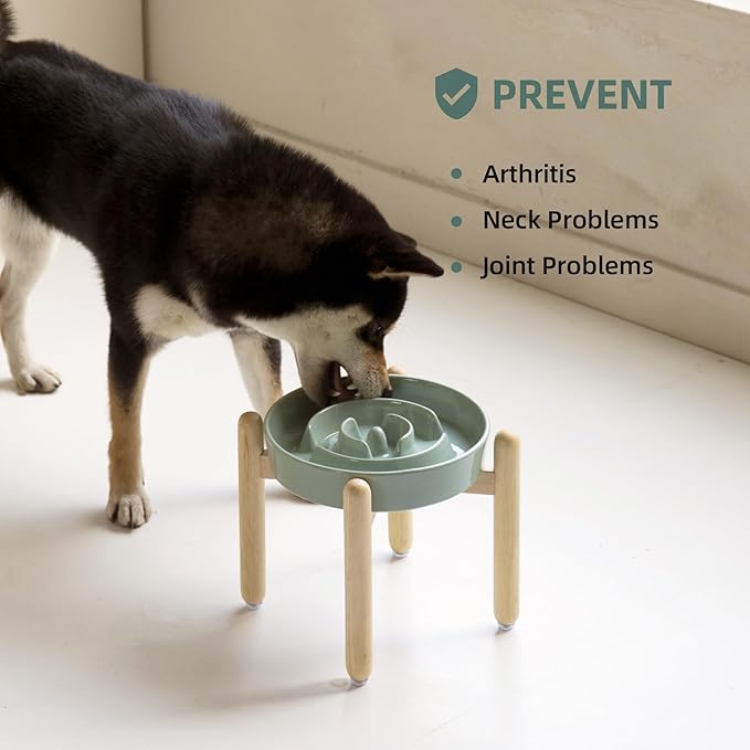 8.2inch Ceramic Raised Slow Feeder Dog Bowl Set, Elevated Wooden Stand for Large and Medium Dog, Puzzle Slow Dish, Anti-Gulping(Light Green, Single Bowl+ Stand)