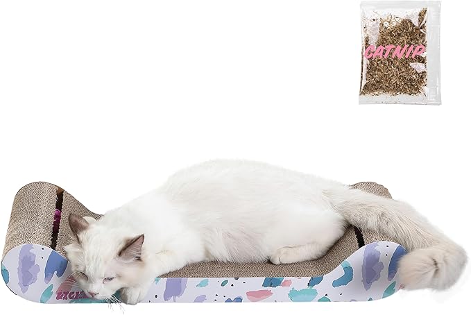 CSR1003A Rini 23.75" Modern Cardboard Lounge Bed Cat Scratcher with Built-in Bell Toys and Catnip, White/Multi