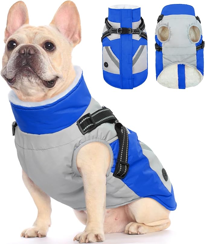 FUAMEY Dog Winter Jackets for Small Dogs,Dog Coat with Harness Built in,Waterproof Dogs Snowsuits Warm Pet Jacket Zip Up Fleece Cold Weather Coats Reflective Puppy Vest with Pocket Blue XS