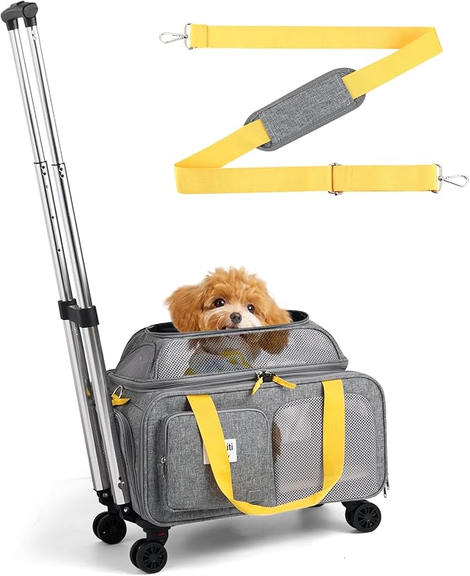 18x13.5x9 TSA Approved top Expandable Rolling pet Carrier for Small Dog Puppy cat up to 8 lbs and 17'' in,Soft Sided for Spirit Southwest Airline,with 4 Wheels and 2 Pockets(Grey).