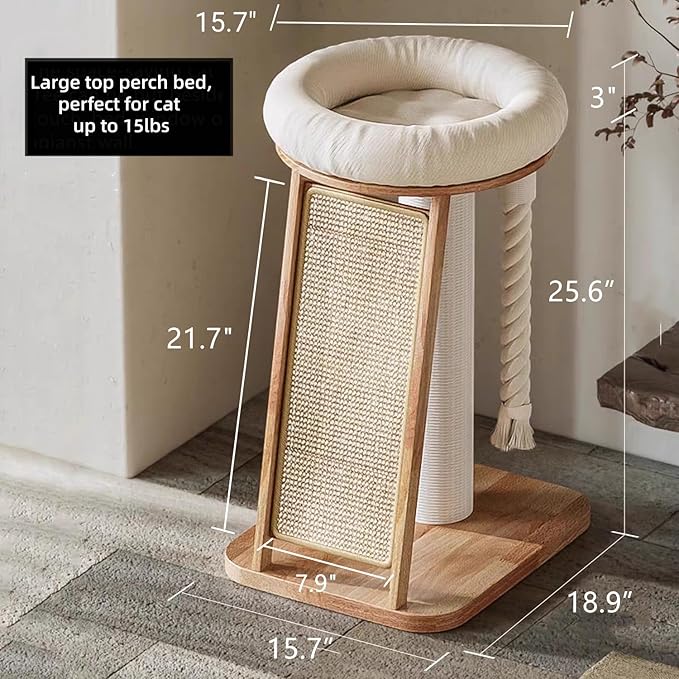 SHENGOCASE Modern Natural Wood Cute Multifunctional Cat Tree Tower Small, Large Top Perch Bed, Sisal Scratching Post, Tilted Angled Ramp Scratcher, Climbing Rope Toy