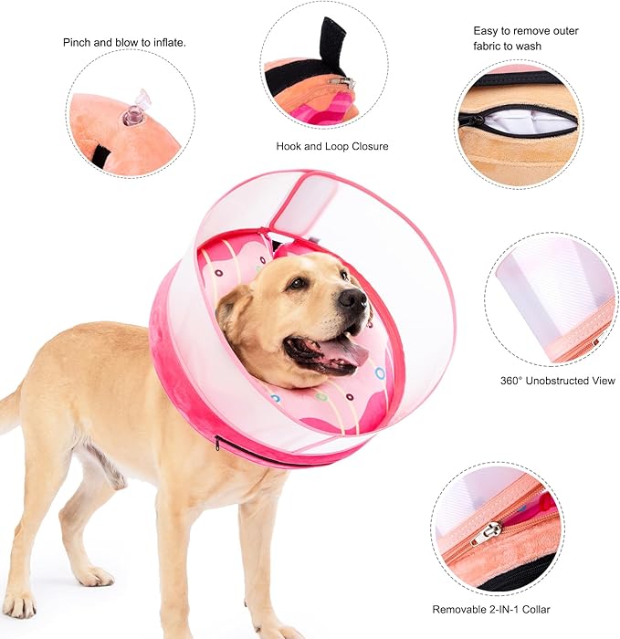 Inflatable Dog Cone Collar for Large Medium Small Dogs, Soft Dog Donut Collar Adjustable Recovery Cone for Pets After Surgery, Extra Enhanced Anti-Licking Guard Shield (Pink Donut, X-Large)