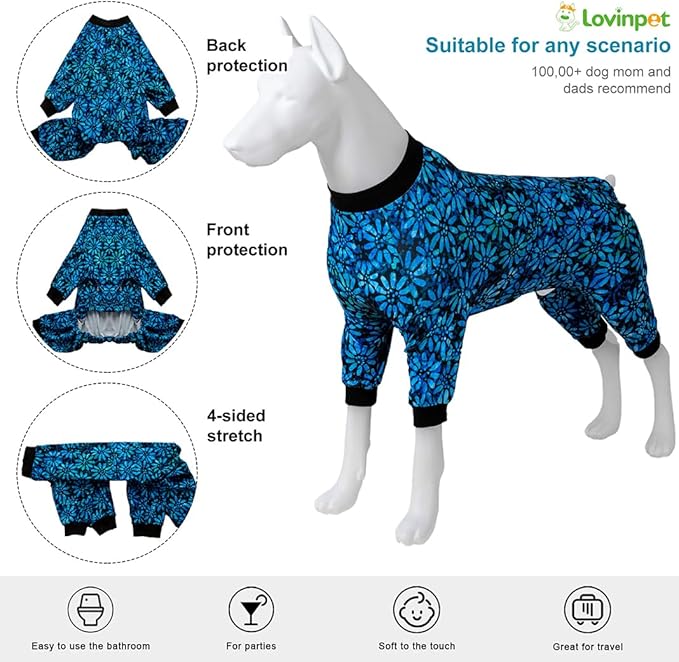 LovinPet Large Dog Onesie Shedding Suits Dog, Bodysuit For Large Dogs, Lightweight Stretchy Fabric, Floral Print Dogs Jumpsuit, Uv Protection Tshirt, Easy To Wear 4 Legged Dog Pajamas, Pet Jammies,2Xl