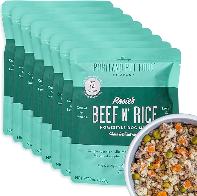 Portland Pet Food Company Rosie’s Beef N' Rice Fresh Dog Food Pouches - Human-Grade, Gluten-Free Wet Pet Meal Topper & Mixers - Small & Large Breed Puppy & Senior Dogs - Made in The USA - 8 Pack