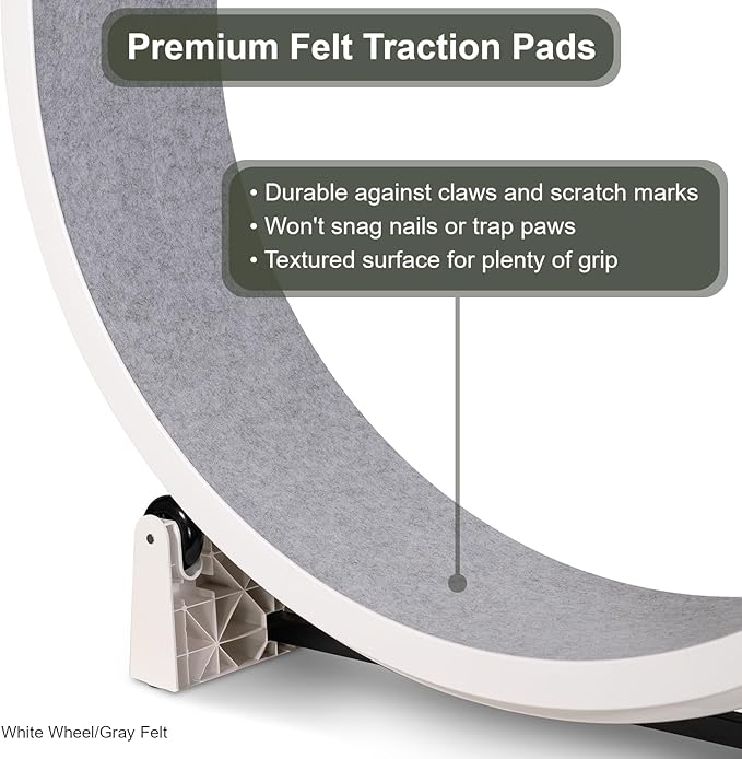 One Fast Cat - Cat Exercise Wheel - Gen. 7 - Safe 48" Diameter - Made in The USA - White Wheel with Gray Felt Traction Pads and Solid Black Inline Wheels
