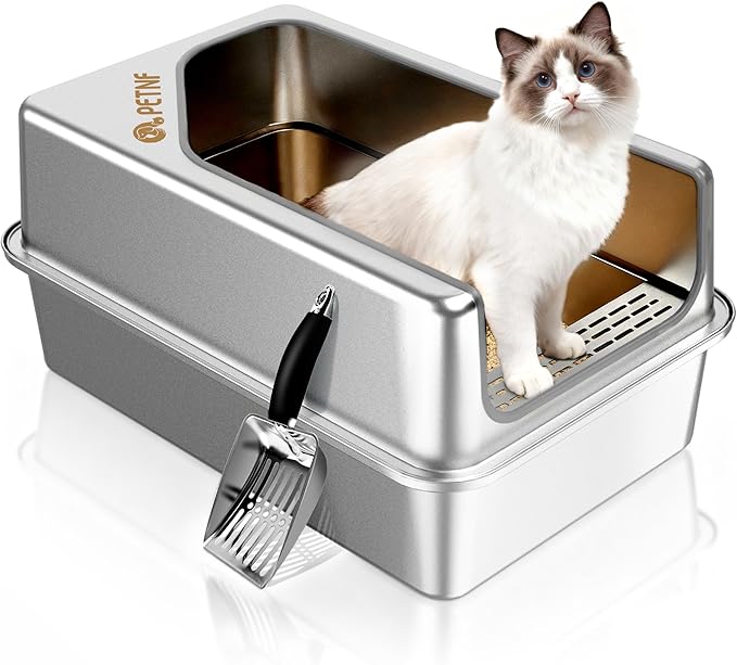 PETNF All Stainless Steel Cat Litter Box, High Sided Large Metal Litter Box - Leak-Proof, Anti-Litter Tracking, Easy Clean for Big Cats, Multi-Cat Households, 24"L x 18"W x 12"H (Silver White, 1 PACK)