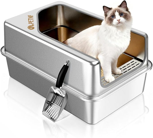 PETNF All Stainless Steel Cat Litter Box, High Sided Large Metal Litter Box - Leak-Proof, Anti-Litter Tracking, Easy Clean for Big Cats, Multi-Cat Households, 24"L x 18"W x 12"H (Silver White, 1 PACK)