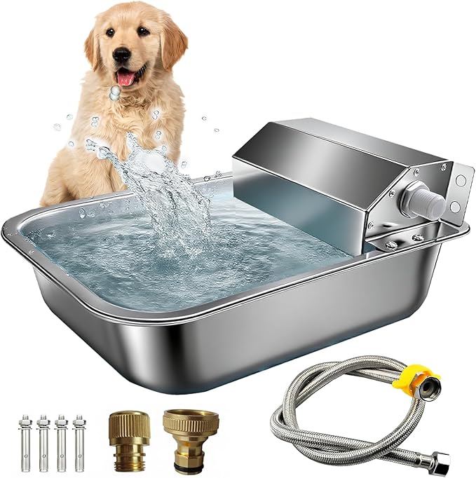 Automatic Water Dispenser for Dogs, 3L 304 Stainless Steel Dog Water Feeder Bowl Dispenser for Indoor/Outdoor, Auto-Fill Waterer for Pets & Livestock, Anti Tip, Water Auto Fill, Fit GHT 3/4" Faucet